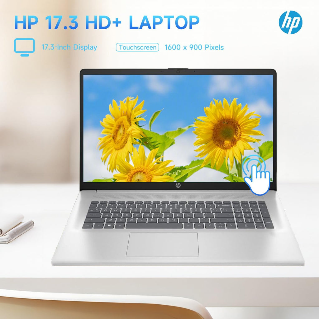 HP 17.3' Touchscreen Laptop, Intel Core i3 CPU, Win 11 Pro w/Office 365 for the Web, 32GB RAM, 128GB eMMC + 2TB SSD, Numeric Keypad, Wi-Fi 6, Silver, Bundle with PCO Notebook Fold Radiator, Cooler