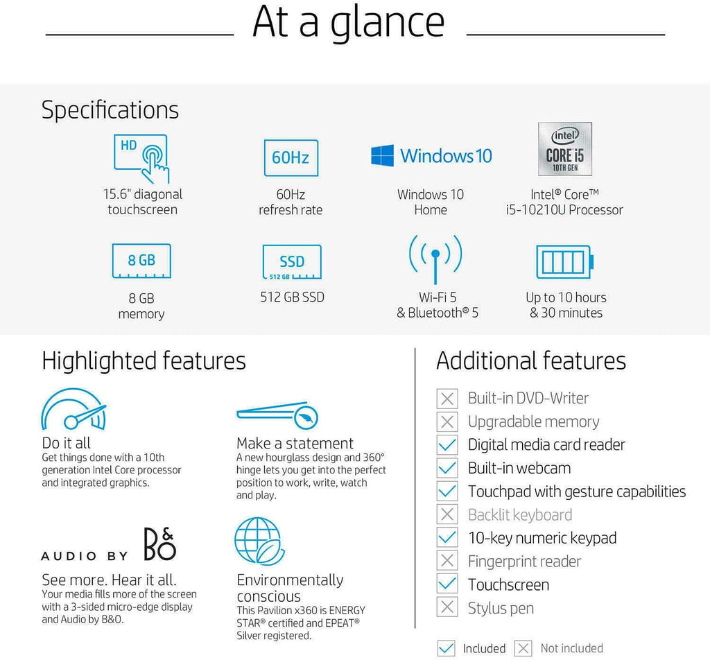 HP Pavilion 15.6' 2-in-1 Convertible HD Touchscreen Laptop Intel Core i5-10210U 8GB DDR4 512GB M.2 SSD Windows 10