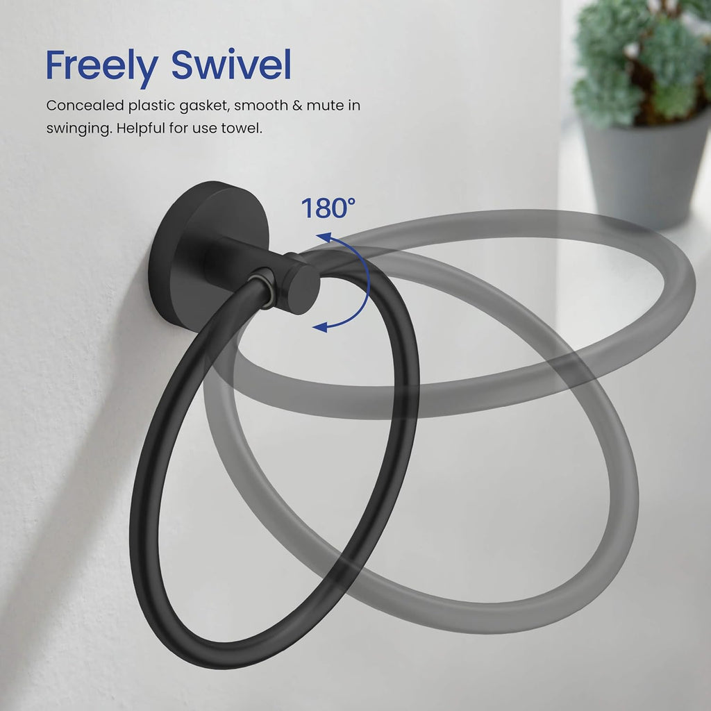 KIBI 5-Piece Bathroom Hardware Set – Wall Mounted Circular Bathroom Accessories Kit with 24 Inch Towel Bar, 10 Inch Towel Ring, Toilet Paper Holder & 2 Robe Hooks – Matte Black