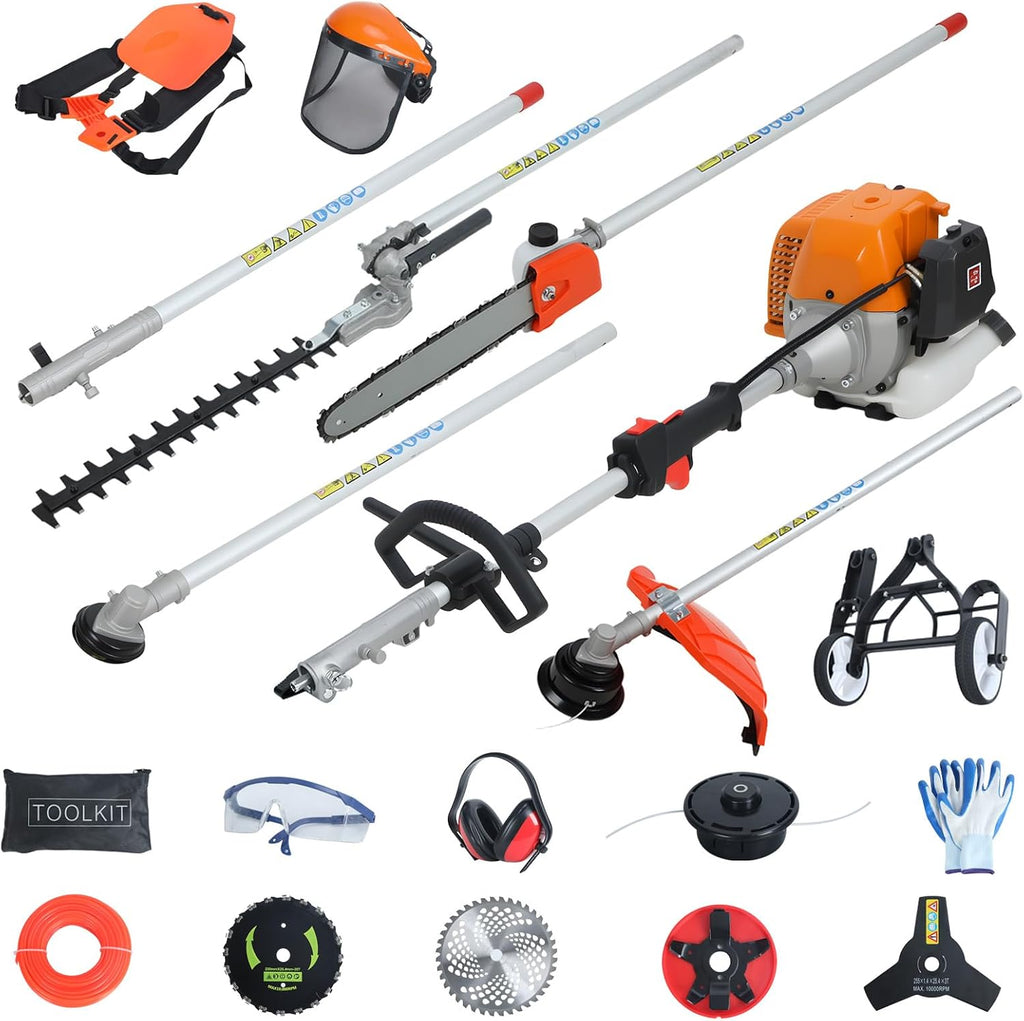2026 New 8 in 1 Hedge Trimmer Grass Trimmer Gas Powered, 52CC 2-Stroke Multi Functional Weed Eater/Brush Cutter/Chainsaw, Maximum Power/Speed-2.3KW/8500rpm Weed Wacker for Yard Garden Orange