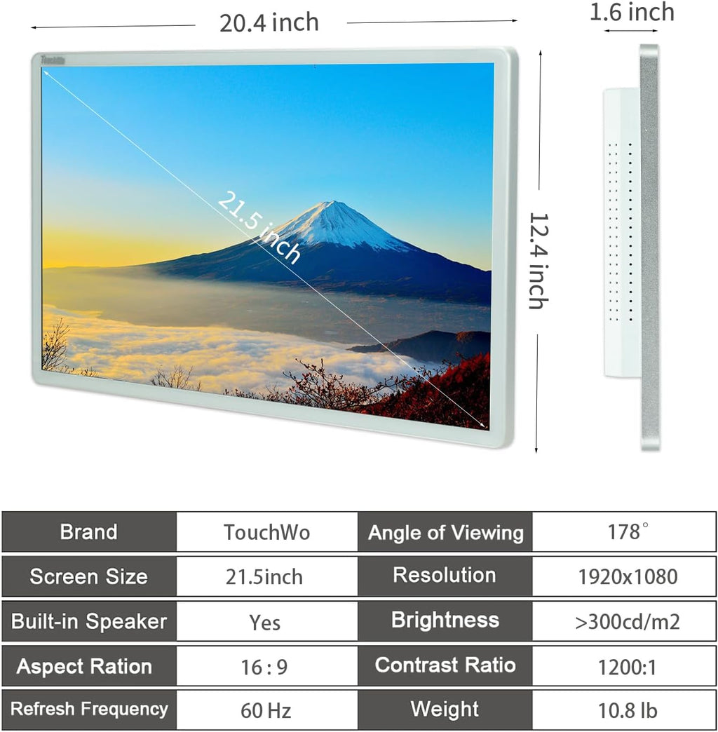 Capacitive Multi-Touch Screen Industrial Monitor, 16:9 Display, Built-in Speakers, USB, VGA, DVI & HD-MI Ports, Digital Signage Displays and Player for Advertising (21.5-Inch White)