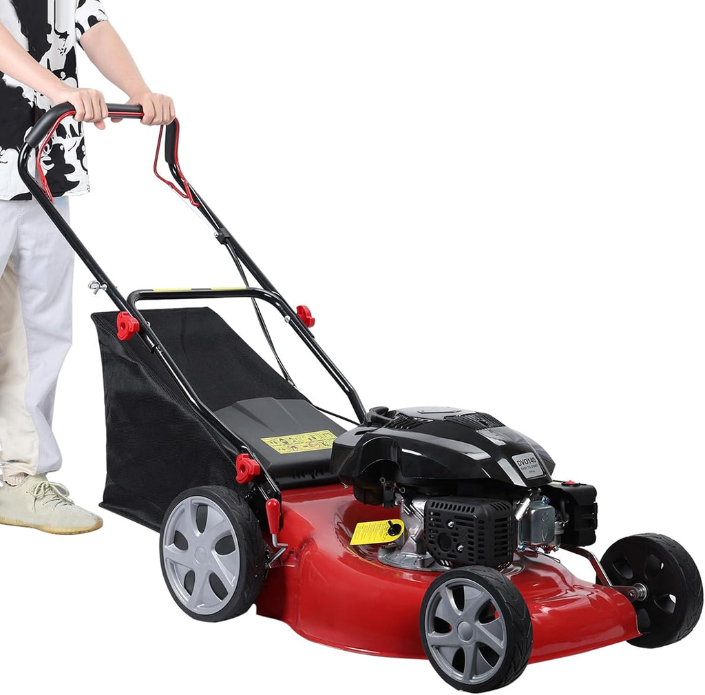 Self Propelled Gas Lawn Mower, 141cc Gas Walk Behind Lawn Mower, Self Propelled Push Lawn Mower 3-in-1 Mulch, Bag, Side Discharge with 7-Position Height & 50L Grass Tank Red