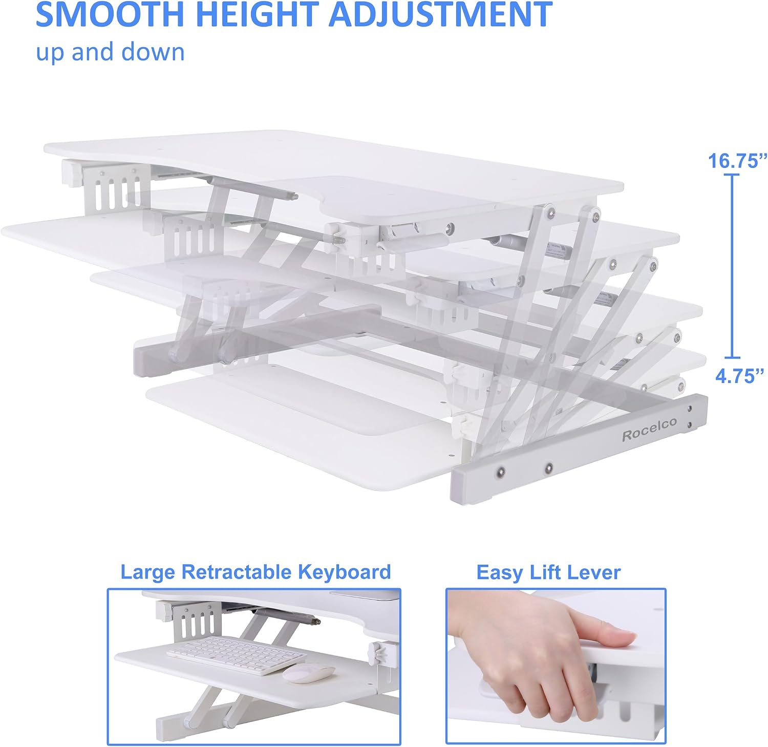 Rocelco 32' Height Adjustable Standing Desk Converter - Quick Sit Stand Up Dual Monitor Riser - Gas Spring Assist Tabletop Computer Workstation - Large Retractable Keyboard Tray - White (R ADRW)