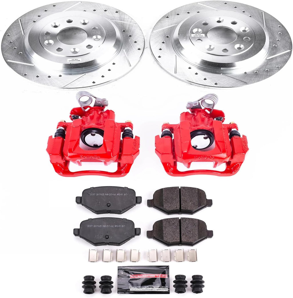 PowerStop Rear Brake & Caliper Kit for Ford Flex 2009 | Lincoln MKS 2009-12 - Carbon-Fiber Ceramic Brake Pads + Drilled & Slotted Rotors + Red Powder Coated Calipers, KC4744A