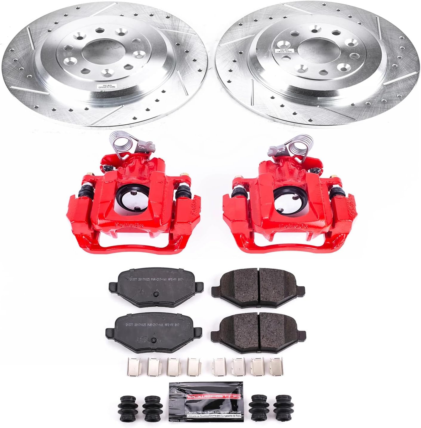 PowerStop Rear Brake & Caliper Kit for Ford Flex 2009 | Lincoln MKS 2009-12 - Carbon-Fiber Ceramic Brake Pads + Drilled & Slotted Rotors + Red Powder Coated Calipers, KC4744A