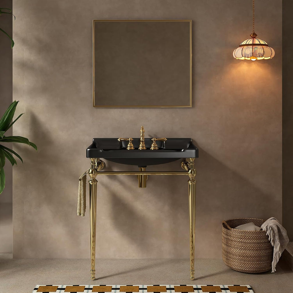 28' Free Standing Bathroom Vanity with Stainless Steel Brushed Gold Supporting Leg and Towel Rack, Black Bathroom Console Sink with 3 Tap Holes, Black