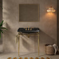 28' Free Standing Bathroom Vanity with Stainless Steel Brushed Gold Supporting Leg and Towel Rack, Black Bathroom Console Sink with 3 Tap Holes, Black