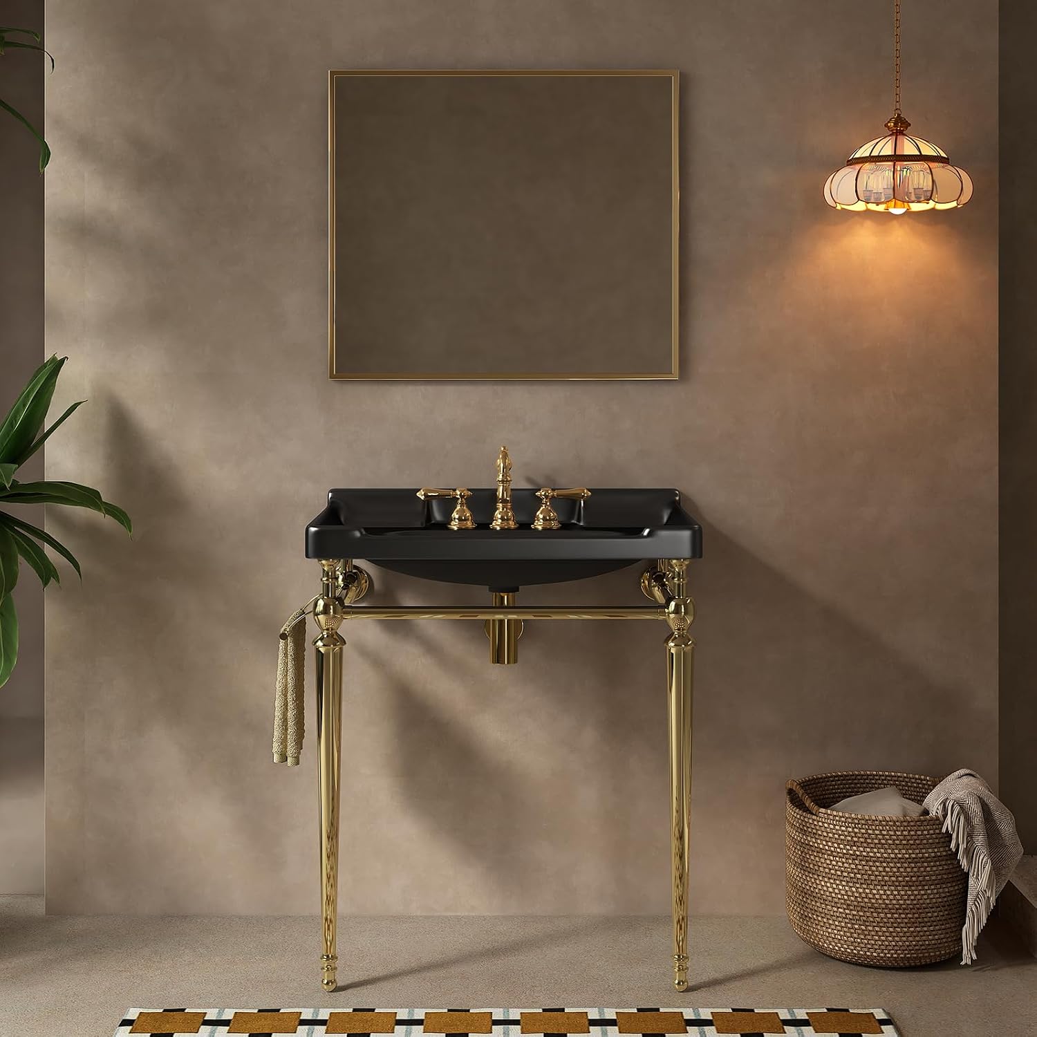28' Free Standing Bathroom Vanity with Stainless Steel Brushed Gold Supporting Leg and Towel Rack, Black Bathroom Console Sink with 3 Tap Holes, Black