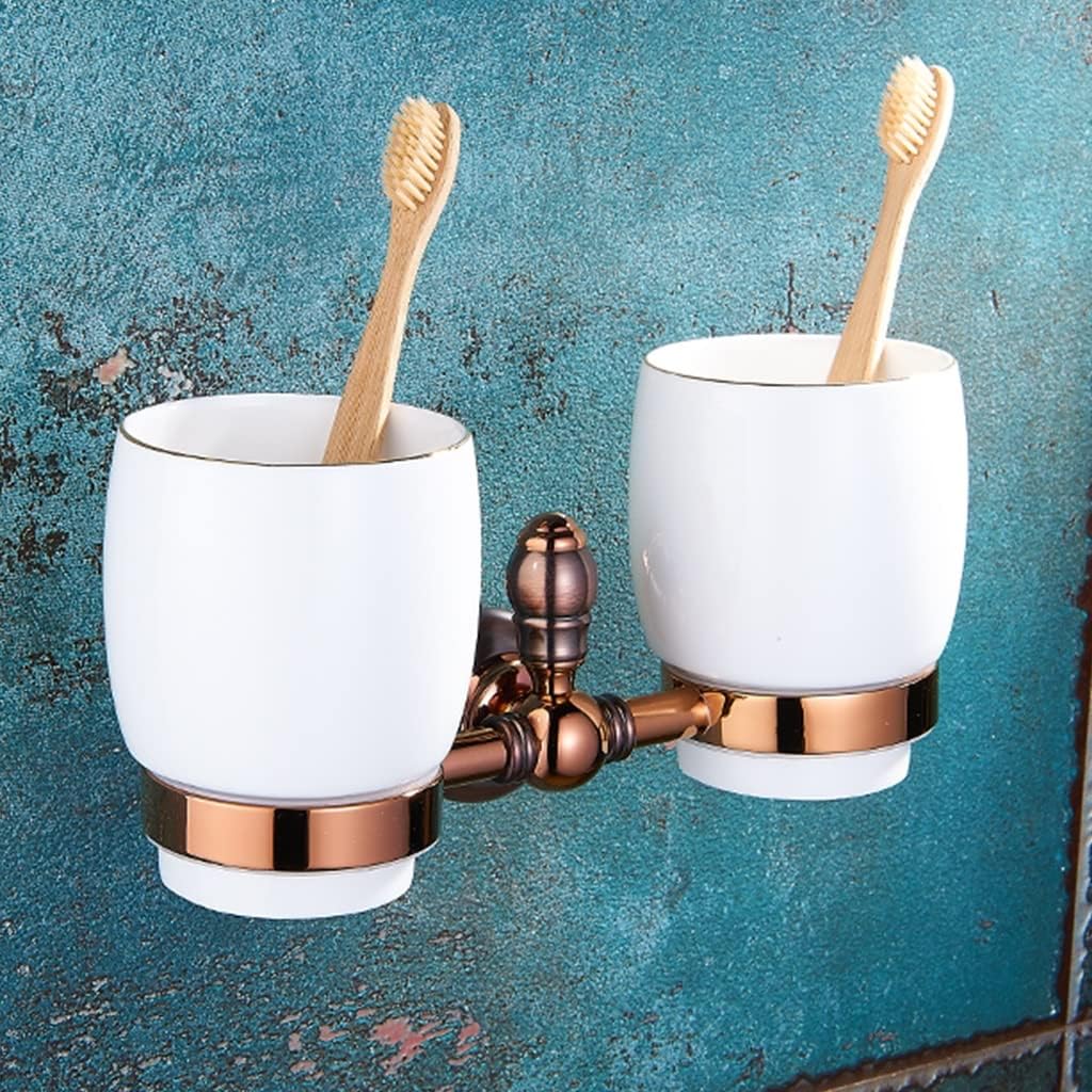 Bathroom Hardware Set Brown Bronze Rose Gold Towel Rack Set Towel Bar Toilet Paper Holder Towel Ring Wall Mounted Bathroom Accessories Kit Wall Mounted,Single Glass(Double Cup)