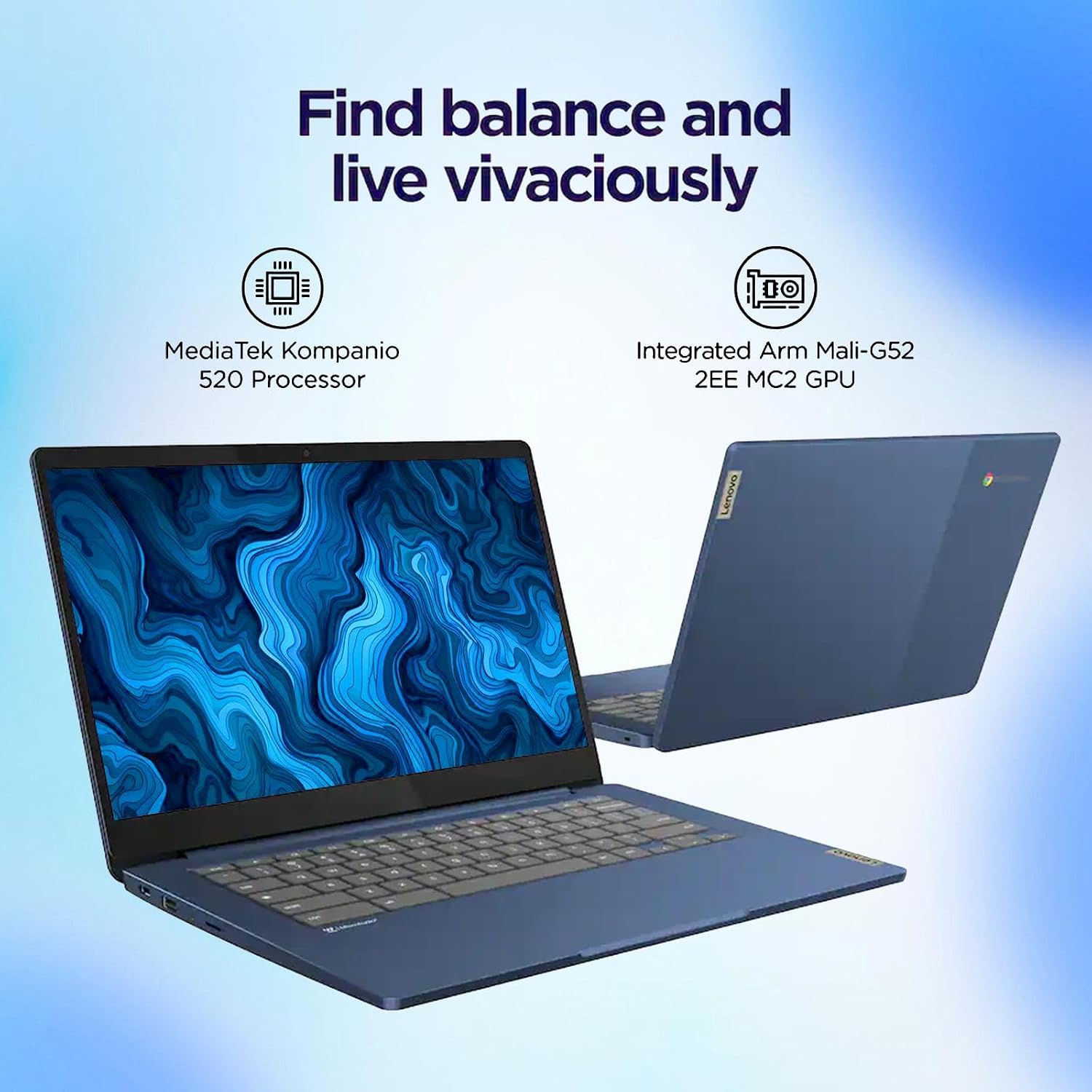 Lenovo Chromebook 14' FHD Touchscreen, 8 Core MediaTek Kompanio 520, 4GB LPDDR4X, 128GB Storage (64GB eMMC+64GB SD Card), Business & Student Laptop, Privacy Camera, Webcam, WiFi 6, Chrome OS, Blue