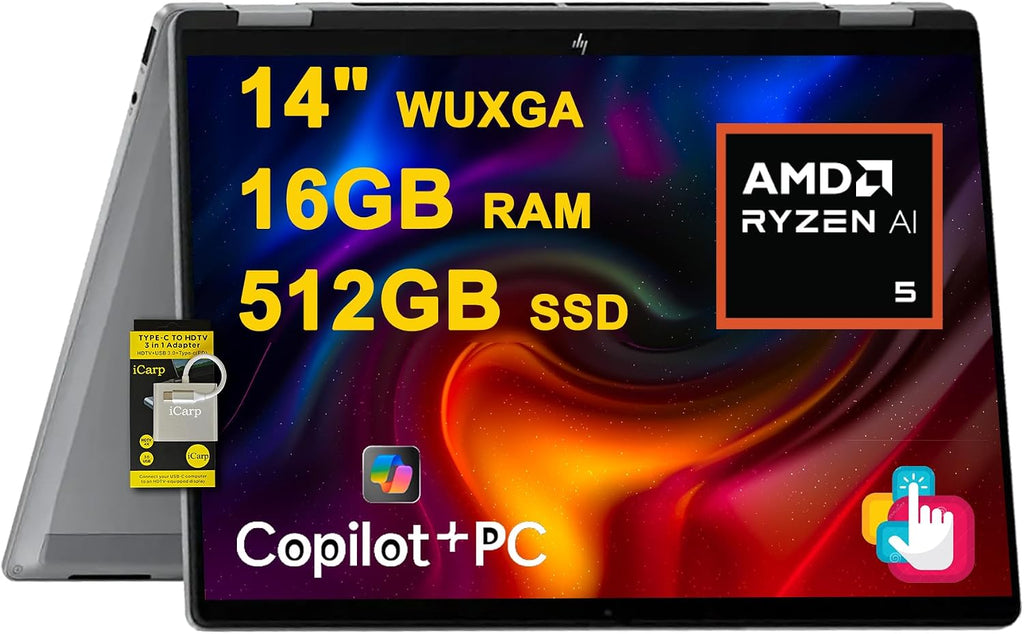 HP OmniBook X Flip 2-in-1 Laptop 14' WUXGA IPS Touch (400nits) AMD 6-core Ryzen AI 5 340 (Up to 50 Tops) 16GB RAM 512GB SSD for Creator Designer Business Professional Win11 ICP Hub