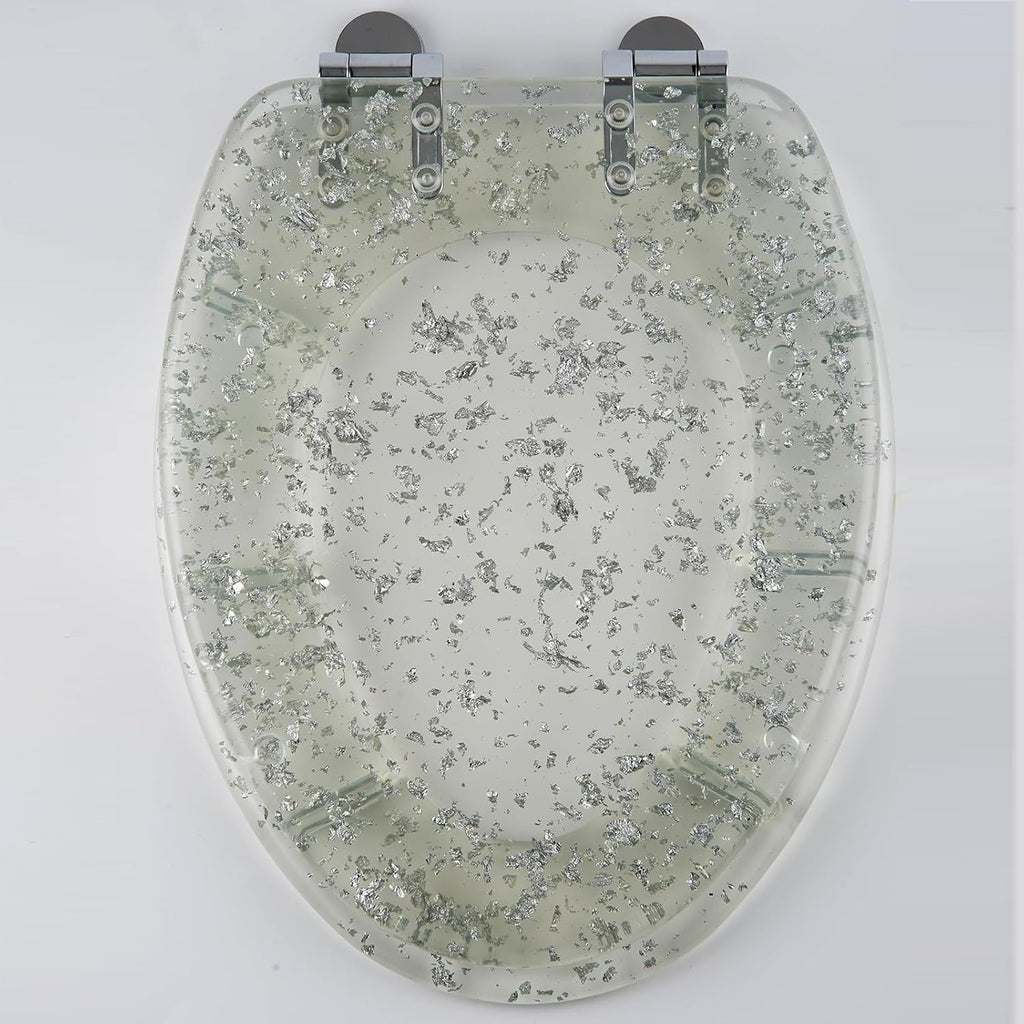 Resin Toilet Seat Elongated Soft Close Toilet Seat Easy Clean & 360° Adjustable Hinges, Quick Release Heavy Duty Toilet Seats with Glitter Cover,Silver(Silver Leaf)