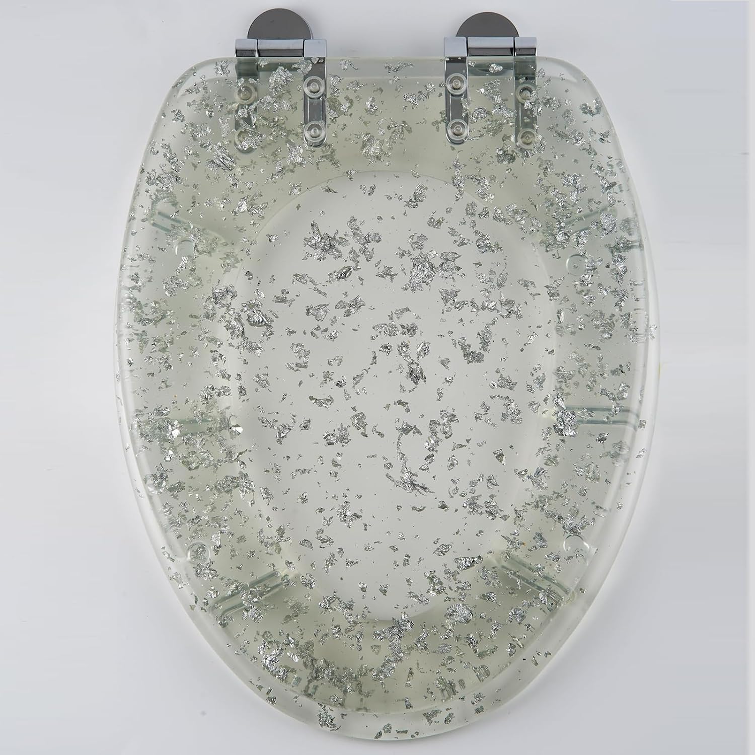 Resin Toilet Seat Elongated Soft Close Toilet Seat Easy Clean & 360° Adjustable Hinges, Quick Release Heavy Duty Toilet Seats with Glitter Cover,Silver(Silver Leaf)