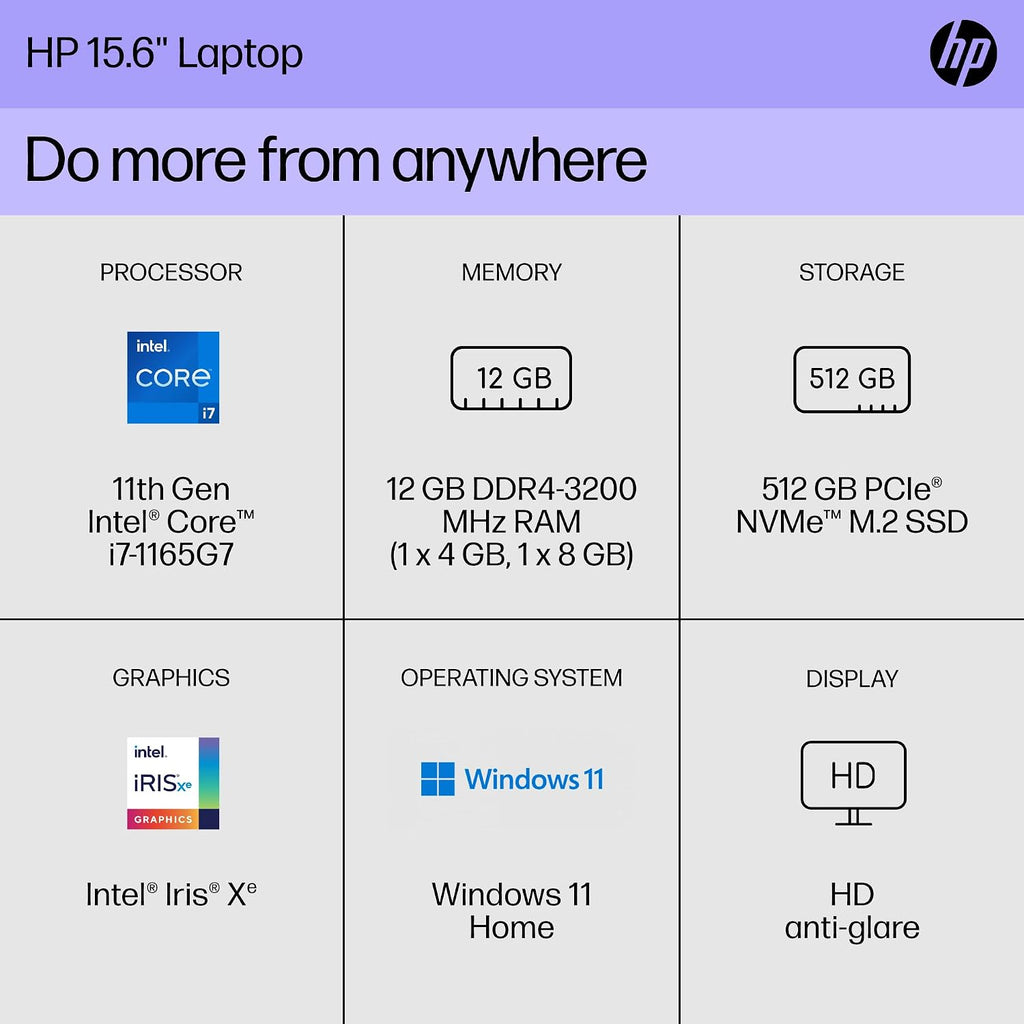 HP 15 inch Laptop, HD Display, 11th Generation Intel Core i7-1165G7, 12 GB RAM, 512 GB SSD, Intel Iris Xe Graphics, Windows 11 Home, 15-dy2718nr (2023)