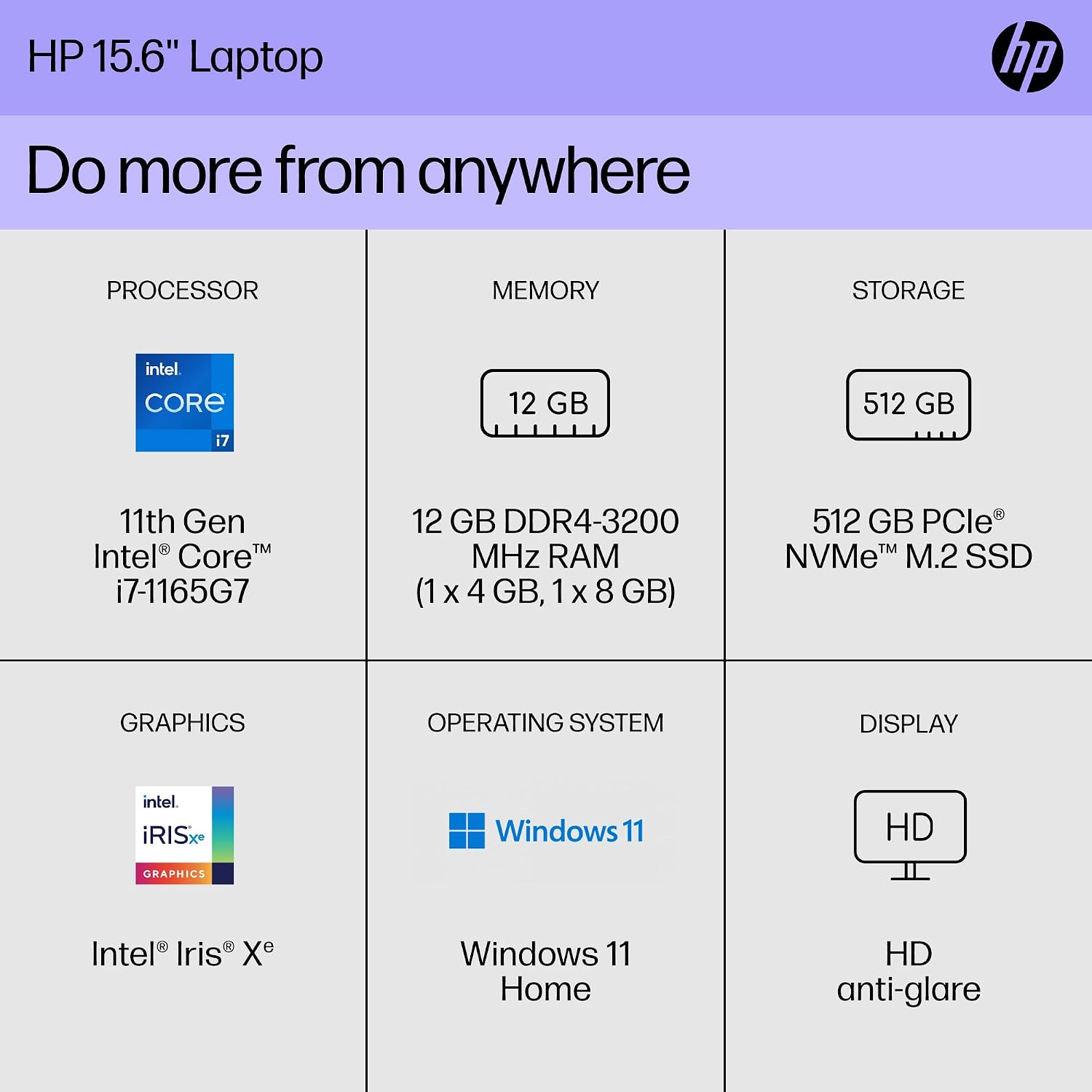 HP 15 inch Laptop, HD Display, 11th Generation Intel Core i7-1165G7, 12 GB RAM, 512 GB SSD, Intel Iris Xe Graphics, Windows 11 Home, 15-dy2718nr (2023)