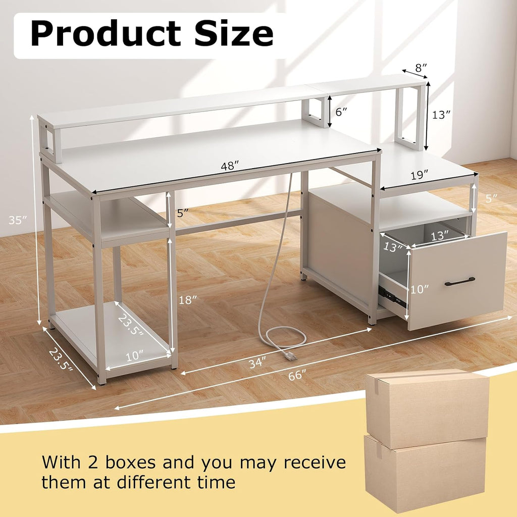 Tangkula Computer Desk with Power Outlets, 66' Computer Workstation with Monitor Stand, CPU Stand, Printer Shelf & File Drawer, Writing Table Gaming Desk for Home Office (White)