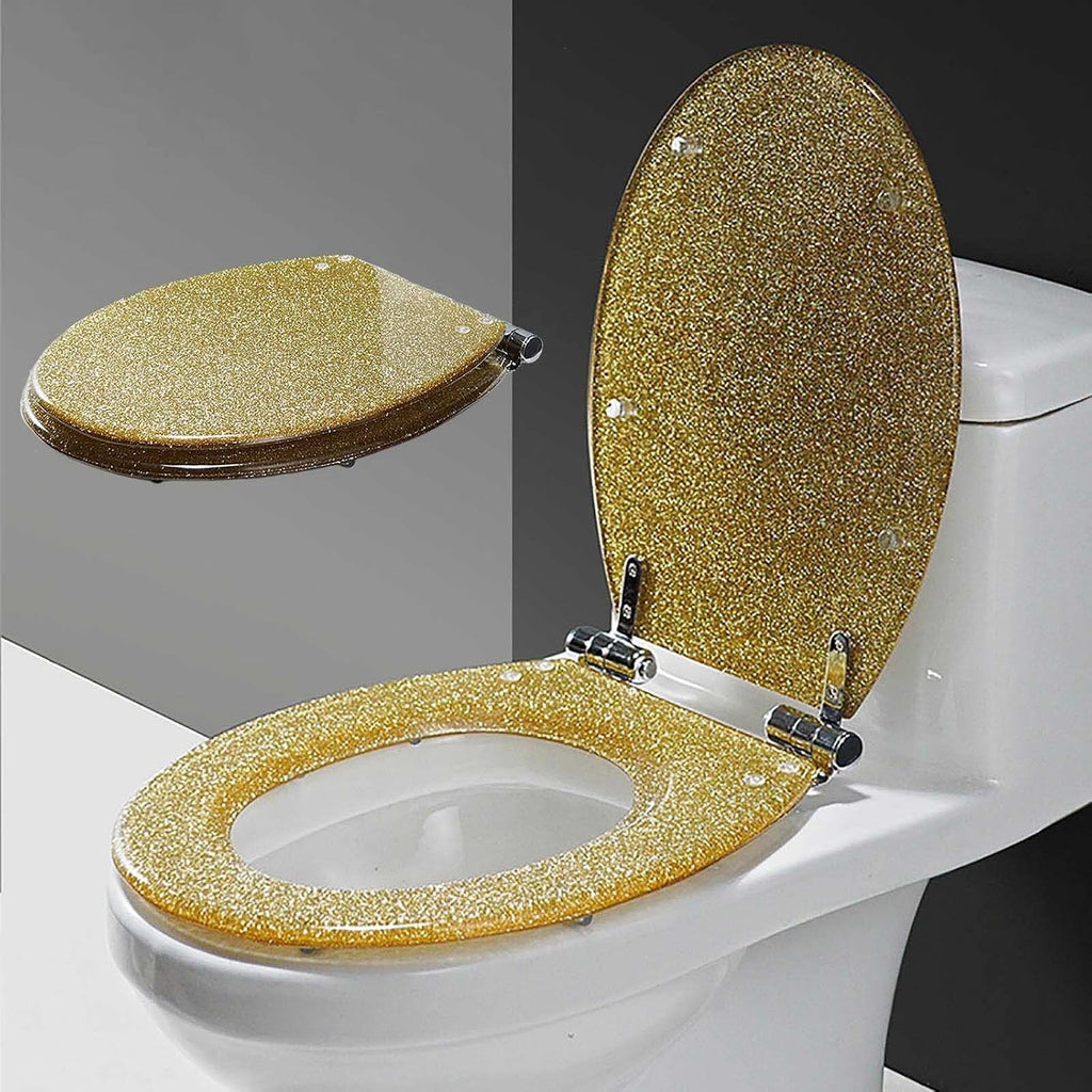 Slow Close Toilet Seat Thicken Toilet Seat Cover, Sparkly Resin Toilet Seat, Toilet Seat, Slow Close Bathroom Toilet Lid, Easy To Clean & Install,Silver,Gold,Gold
