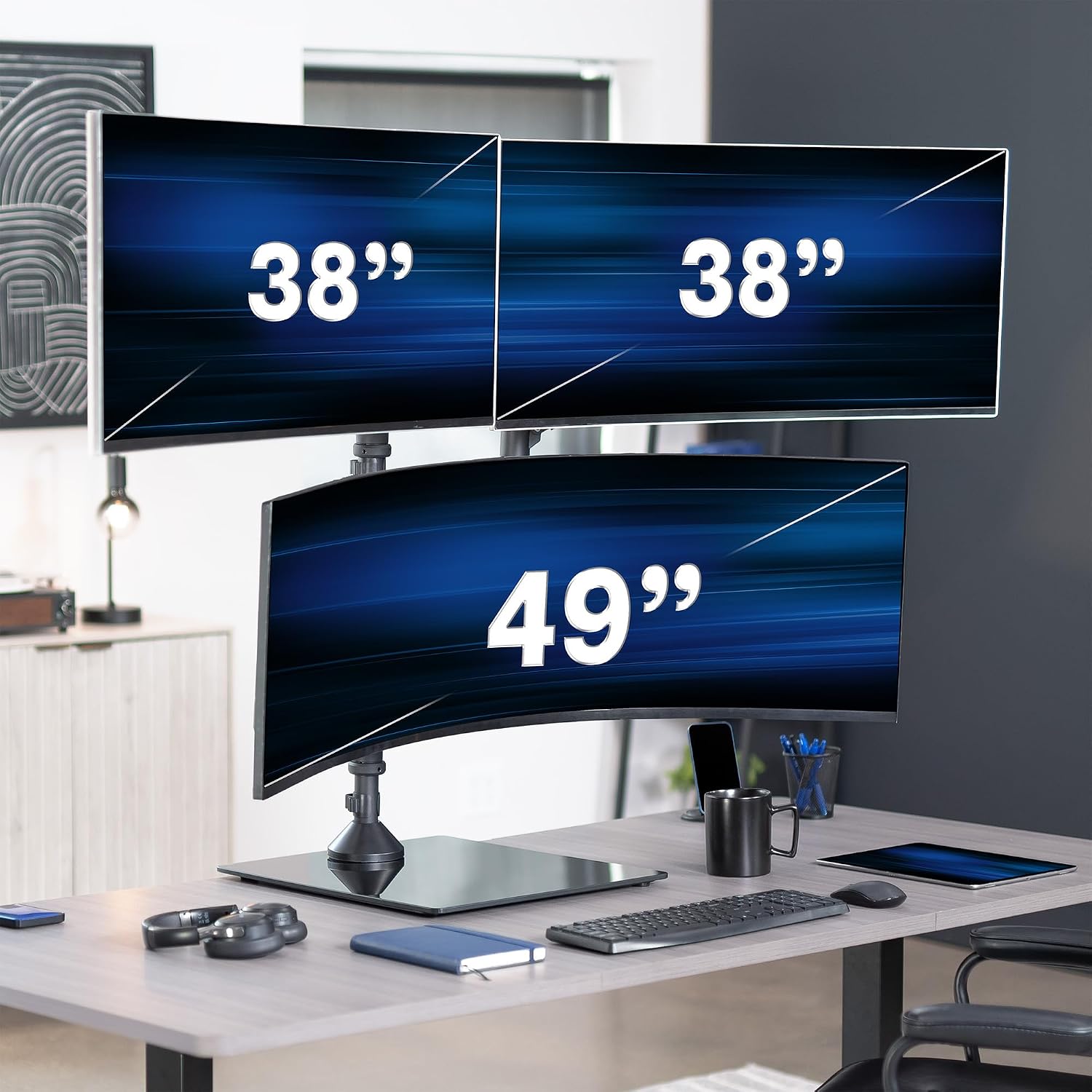 VIVO Pneumatic Arm Triple Ultrawide Monitor Desk Stand for Up to 49 inch Screens with Tempered Glass Base, Holds 3 Ultra Wides Up to 33 lbs Each, Black, STAND-V300FG
