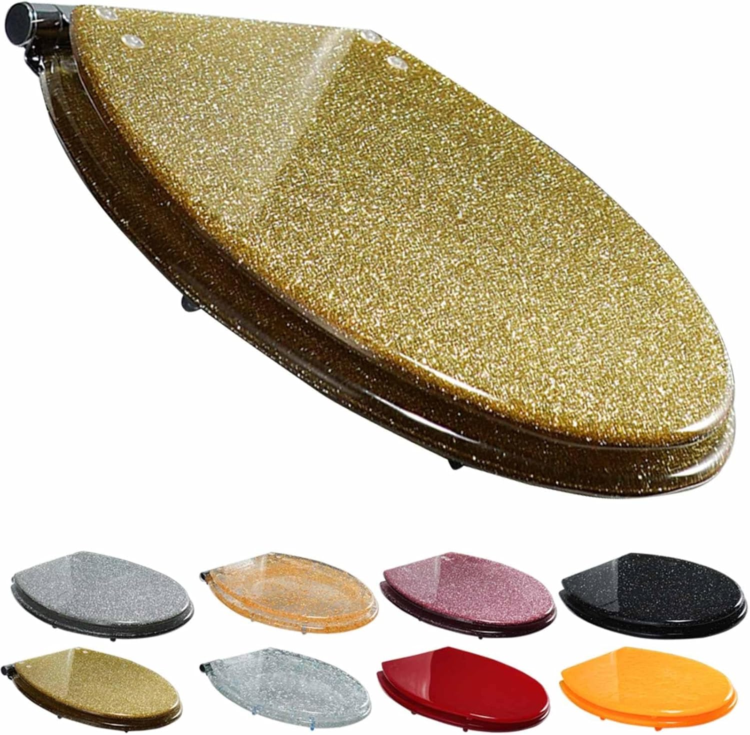16.5 in Toilet Seat,Round Toilet Seat Cover Thicken Heavy Duty Non-Slip Toilet Lid Quick Release Easy Cleaning,Resin Toilet Seat with Adjustable Hinges,Silver，Gold