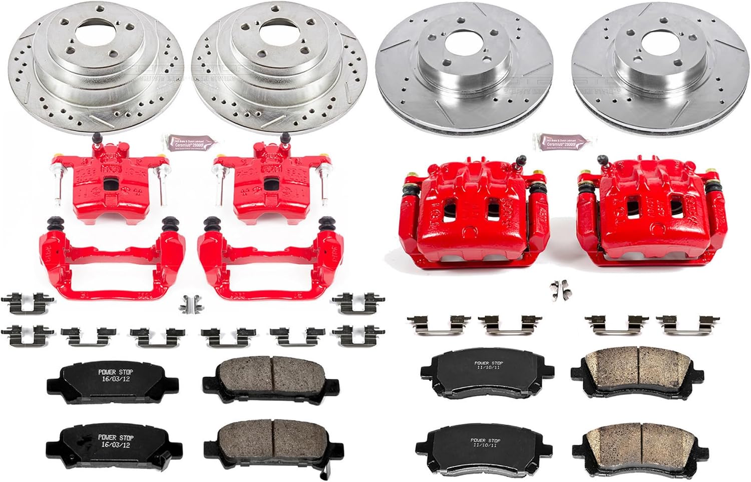 PowerStop Front and Rear Brake & Caliper Kit for Subaru Forester 1998-02 | Subaru Impreza 1998-01 - Carbon-Fiber Ceramic Brake Pads + Drilled & Slotted Rotors + Red Powder Coated Calipers, KC1122