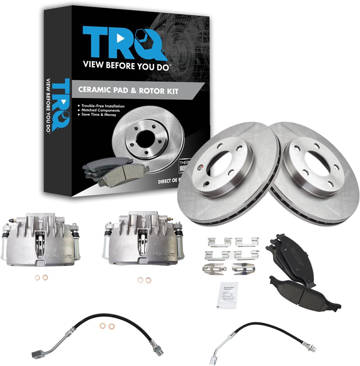 TRQ Front Brake Pad and Rotor Set Ceramic Rotors Calipers Hoses Compatible with 2003-2004 Ford Mustang