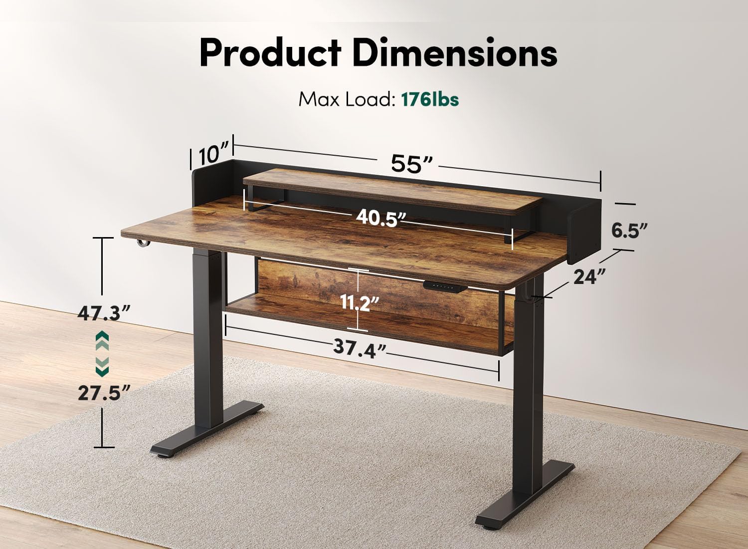 FEZIBO 55' Electric Standing Desk with Shelves, 55x24 Inches Sit Stand Rising Computer Desk with Monitor Shelf, Home Office Desks with Hook, Adjustable Height Stand Up Workstation Table, Rustic Brown