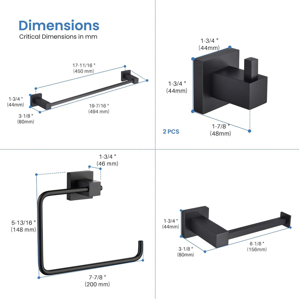 KIBI Cube 5-Piece Bathroom Hardware Set, Modern Bathroom Accessories | Includes 18' Towel Bar, Towel Ring, Toilet Paper Holder & Robe Hooks | Durable and Rust-Resistant (Matte Black, C-KBA15-5-3)