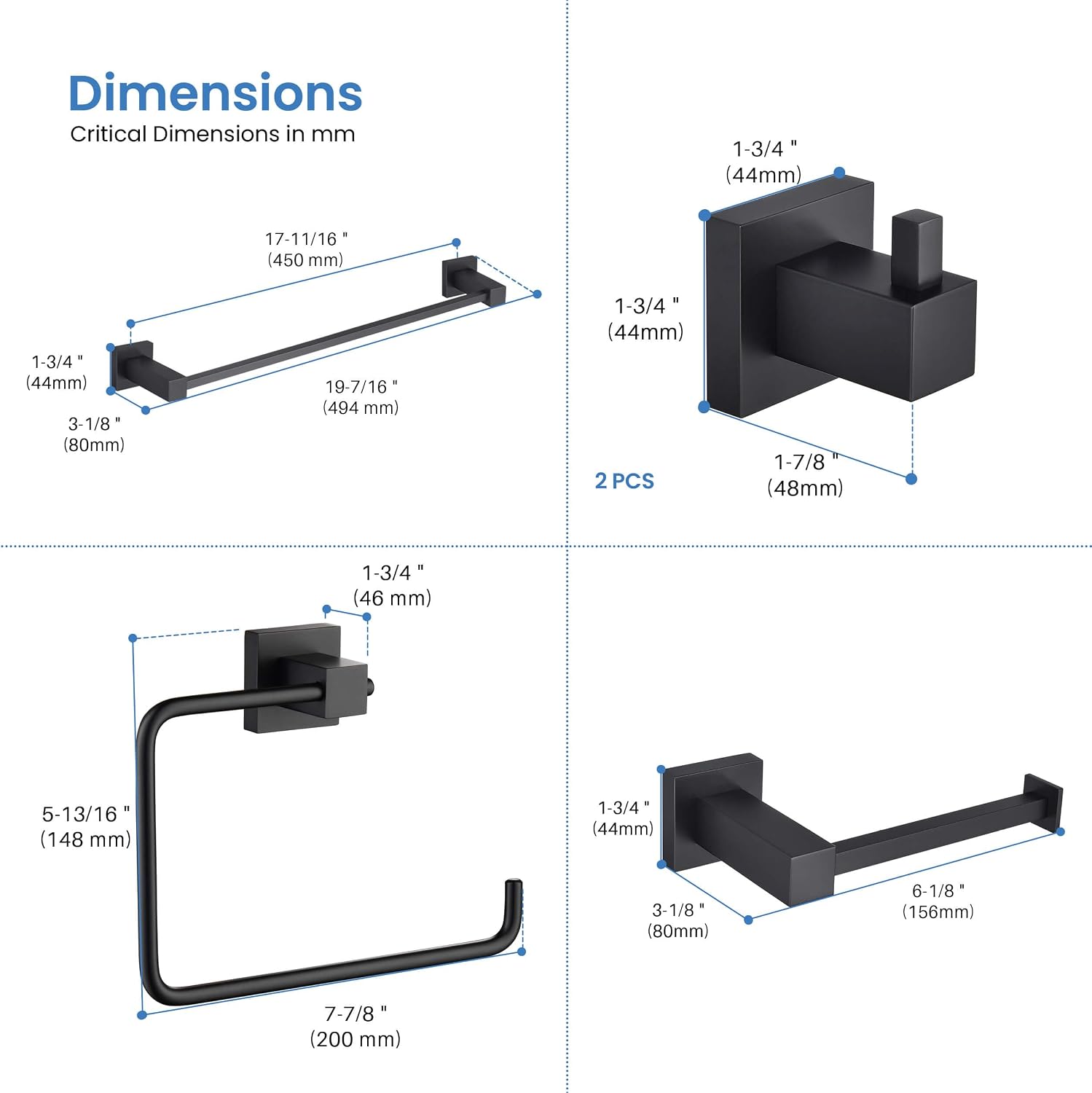 KIBI Cube 5-Piece Bathroom Hardware Set, Modern Bathroom Accessories | Includes 18' Towel Bar, Towel Ring, Toilet Paper Holder & Robe Hooks | Durable and Rust-Resistant (Matte Black, C-KBA15-5-3)