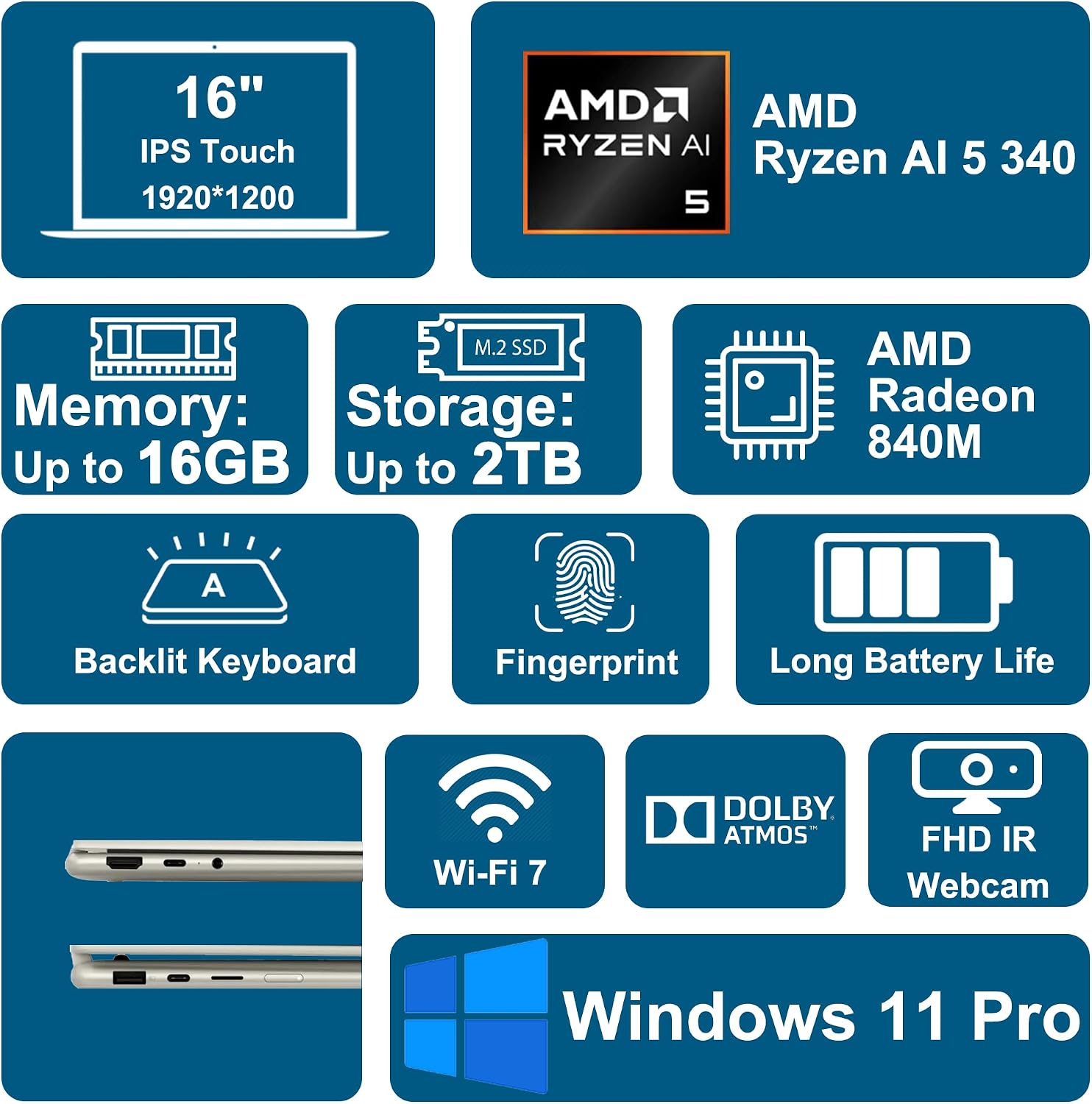 Lenovo Yoga 7 2-in-1 Laptop 16' WUXGA IPS Touch (Glossy Anti-Fingerprint) AMD 8-core Ryzen AI 5 340 (Up to 50 AI Tops) 16GB RAM 512GB SSD for Creator Business Professional Win11Pro ICP Hub