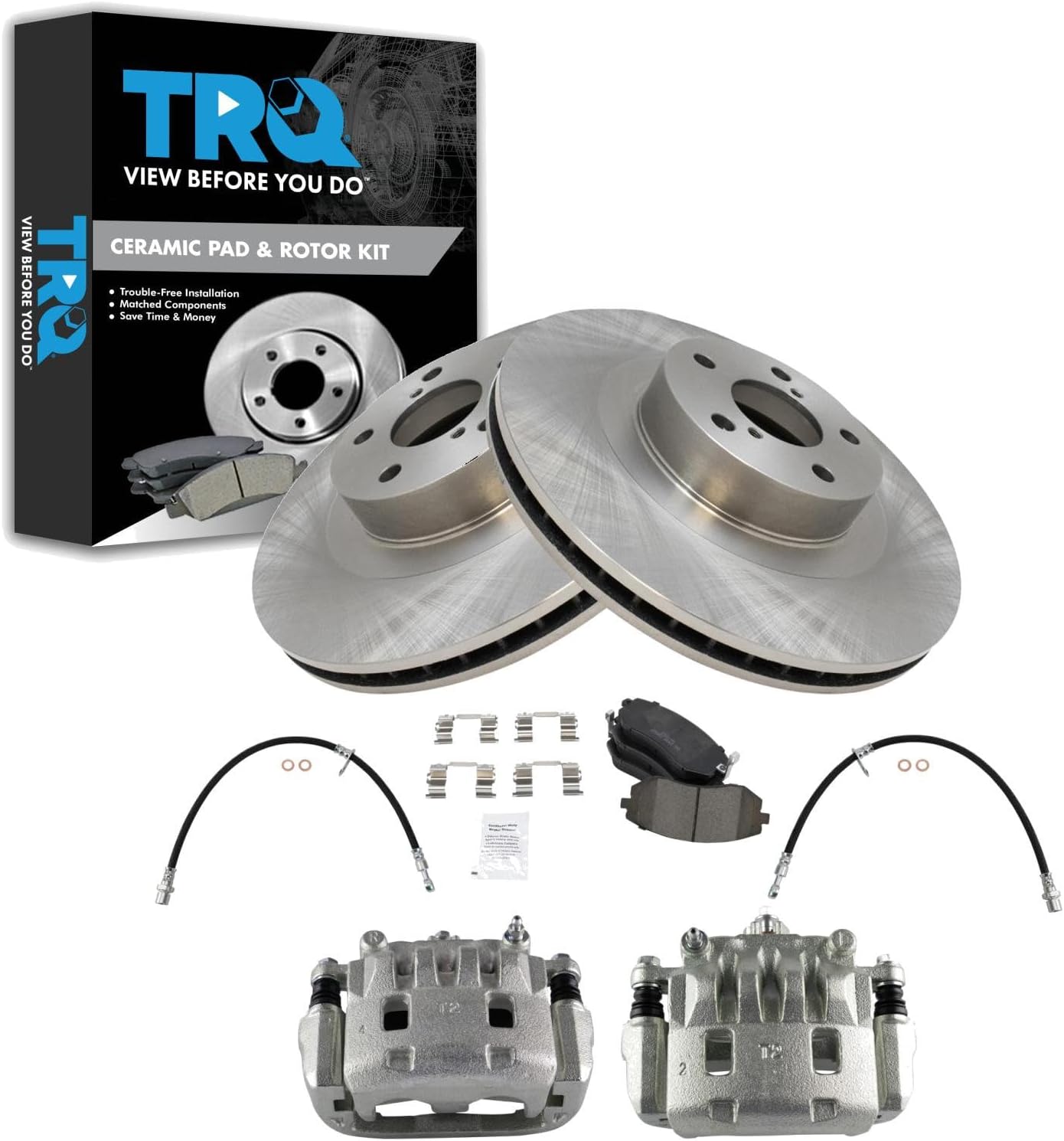 TRQ Front Brake Pad and Rotor Set Ceramic Rotors Calipers Hoses Compatible with 2003-2006 Subaru Baja 2003-2008 Forester 2002-2005 Outback