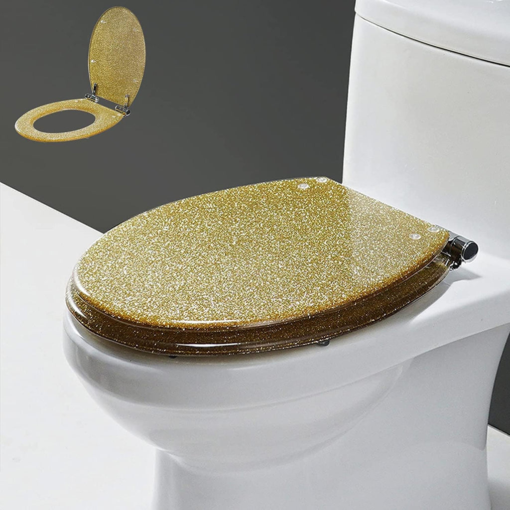 Resin Toilet Seat Soft Close Toilet seat Quick Release, Heavy Duty, Glitter Toilet Seat, Slow Close, Sparkling Toilet Seats for Bathroom, 14.2'×16.5',Gold,Gold