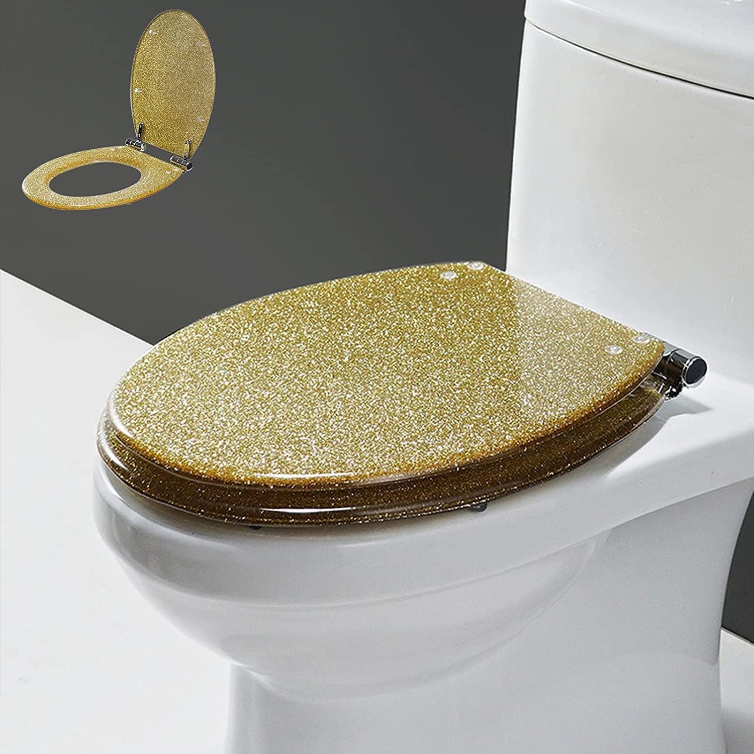 Resin Toilet Seat Soft Close Toilet seat Quick Release, Heavy Duty, Glitter Toilet Seat, Slow Close, Sparkling Toilet Seats for Bathroom, 14.2'×16.5',Gold,Gold