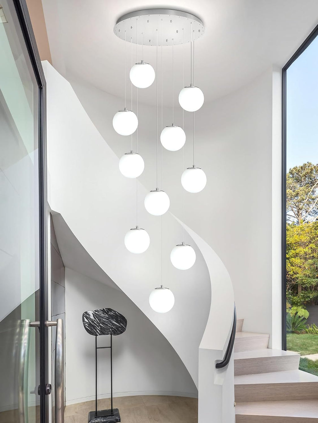 ykolupty LED Staircase Chandelier Glass Globe Pendant Light Chrome Large Chandeliers for High Ceiling,10-Lights Hanging Flush Mount Lighting Fixtures for Foyer,Entryway,Living Room