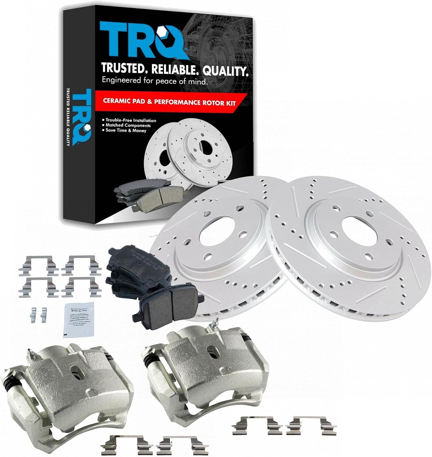 TRQ Performance Front Brake Pad and Rotor Set Ceramic Vented Coated Rotors Calipers Compatible with 2004-2008 Chevrolet Malibu 2006-2007 Pontiac G6