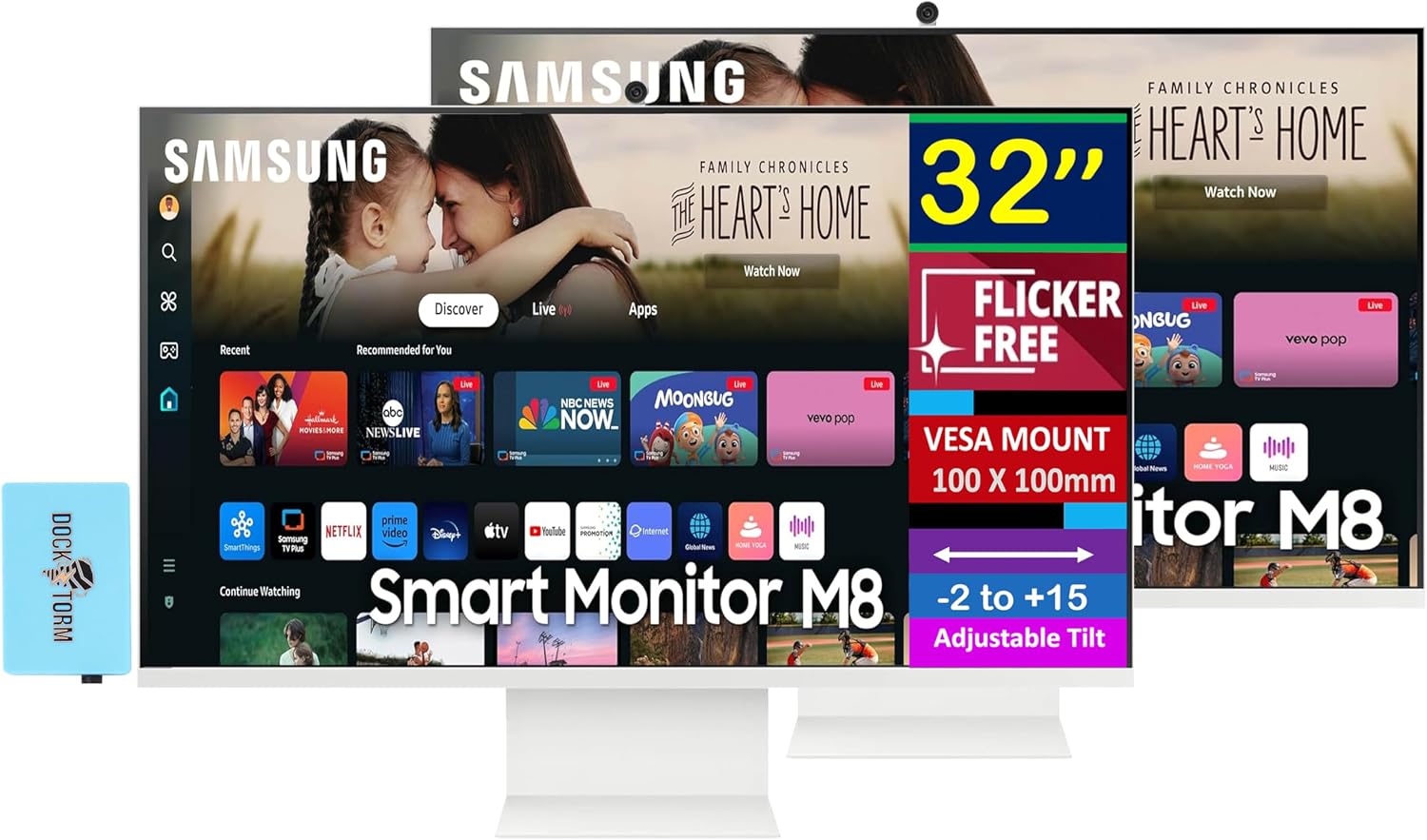 Samsung 32' 4K UHD VA Smart Monitor with HDR10, 4ms Response Time, Built-in Speakers, 400 nits Brightness, Flicker Free, VESA Mount (100mm), HDMI & Dockztorm USB Port Expander, White Color 2 Pack