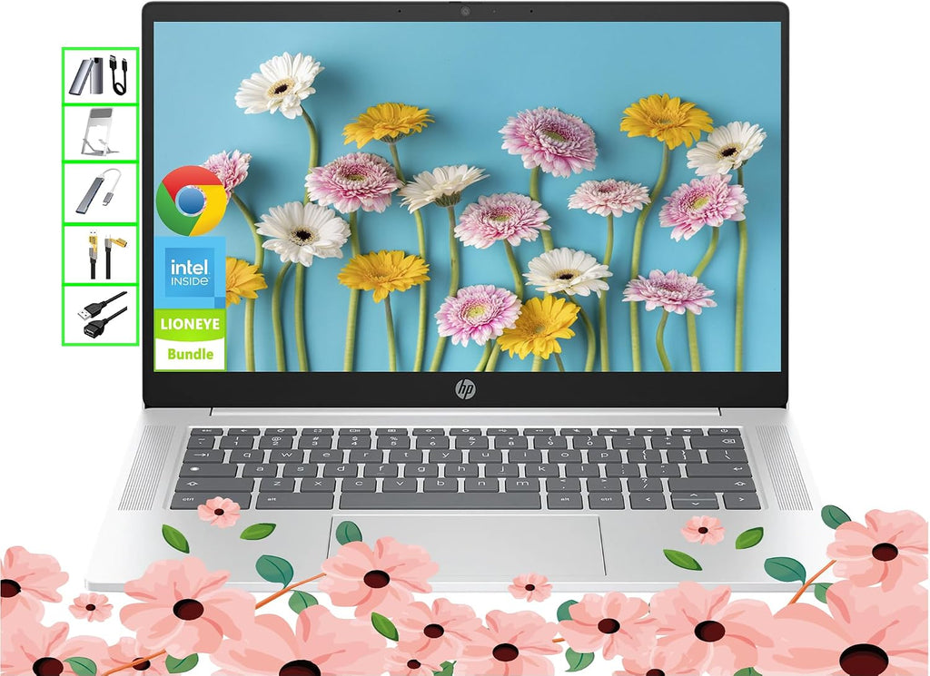 HP Chromebook | 14' HD Laptop | 4GB RAM | 128GB SSD & 128GB Portable SSD | Intel 4-Core CPU | Webcam | USB-C | Wi-Fi | Bluetooth | Ultra Light | Long Battery Life | Gemini-AI Chrome OS | LE Bundle