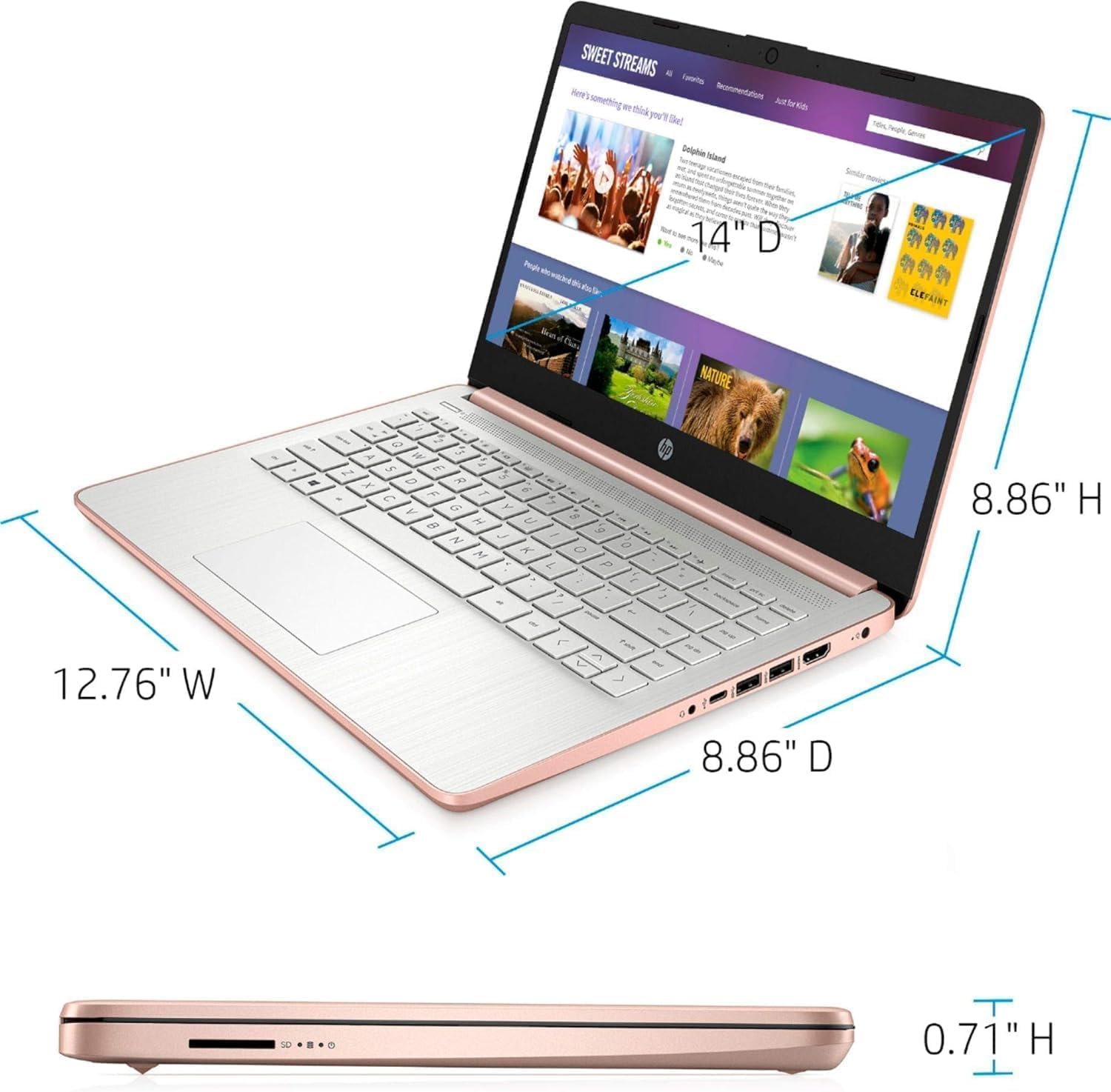 HP New 14' HD Ultra Light Thin Laptop, Quad-Core Intel Celeron Processor, 16GB RAM, 320GB (64GB eMMC+ 256GB Card), Wi-Fi, Upto 11 Hours, Windows 11 S + 1 Year Office 365+HubxcelAccessory, Rose Gold