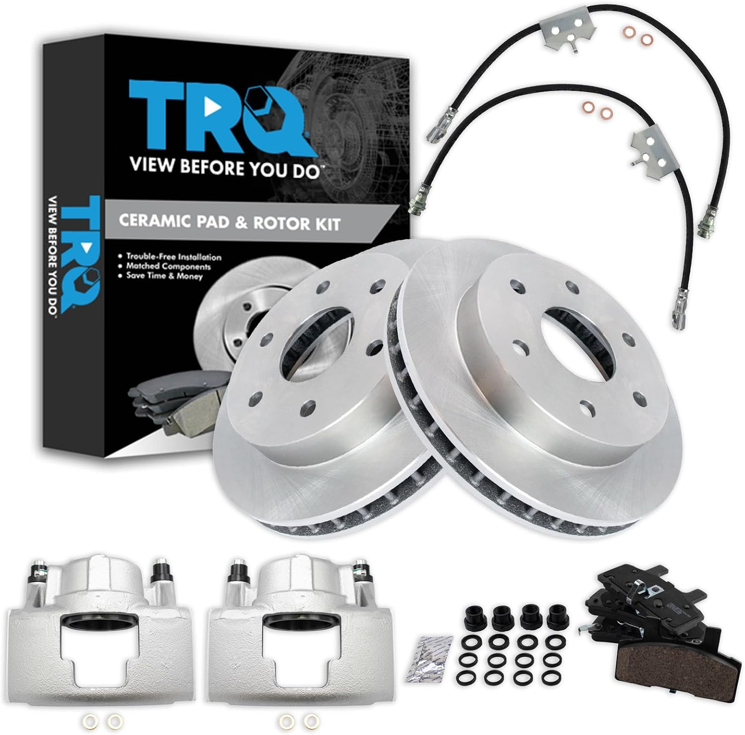 TRQ Front Brake Pad and Rotor Set Ceramic Rotors Calipers Hoses Compatible with 1996-1999 Chevrolet K1500 Suburban Tahoe 1996-1998 K2500 GMC K1500 Sub