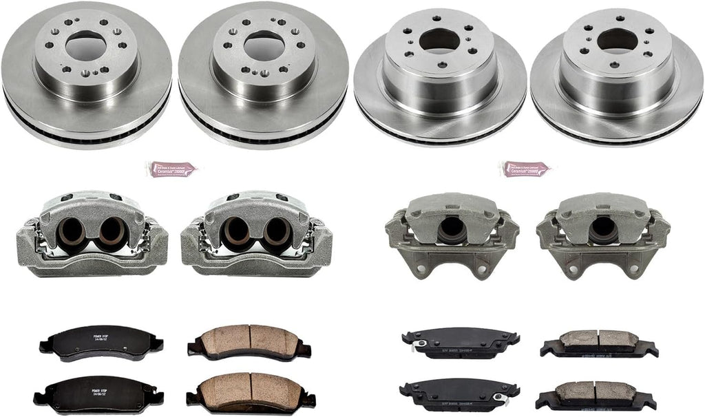 PowerStop Front and Rear Brake & Caliper Kit for Cadillac Escalade 2015-20 |Escalade ESV 2015-20 |Chevrolet Silverado 1500 2014-18 - Ceramic Brake Pads + Calipers + Disc Rotors Replacement, KCOE6560