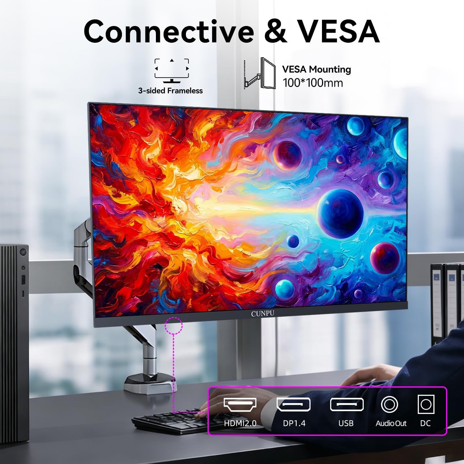 CUNPU 24 Inch 1440P Monitor,QHD 100Hz IPS Monitor, 99% sRGB Color Gamut,16.7 Million Color, Adaptive Sync, Slim Frame, HDMI/DP, VESA Mountable, for Gaming and Office