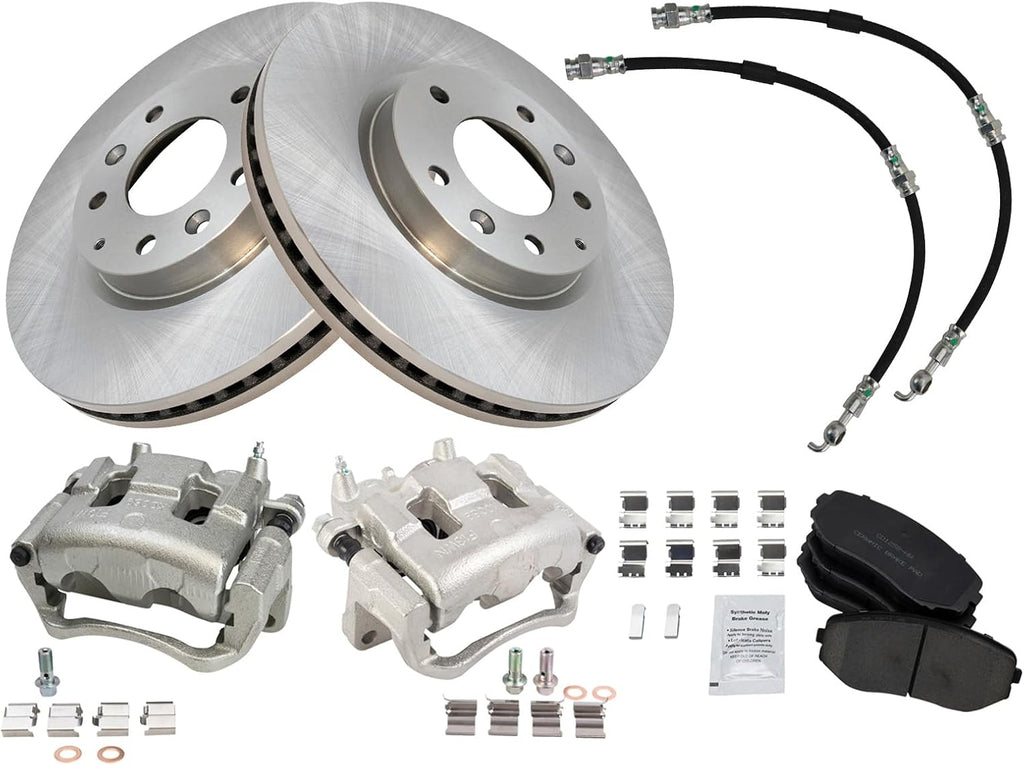 TRQ Front Brake Pad and Rotor Set Ceramic Rotors Calipers Hoses Compatible with 2007-2012 Mazda CX-7