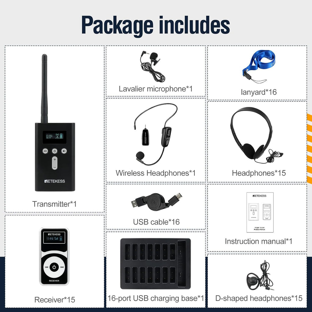 Retekess T130P Wireless Tour Guide System, Noise Reduction,328ft,Tour Guide Headsets with Over Ear Headphones for Factory (1 TX 15 RX)