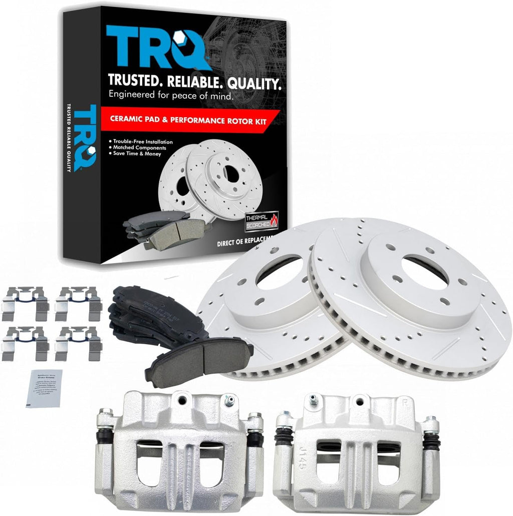 TRQ Performance Front Brake Pad and Rotor Set Ceramic Drilled Slotted Coated Vented Rotors Calipers Compatible with 2005-2006 Chevrolet Equinox 2006 Pontiac Torrent 2004-2007 Saturn Vue