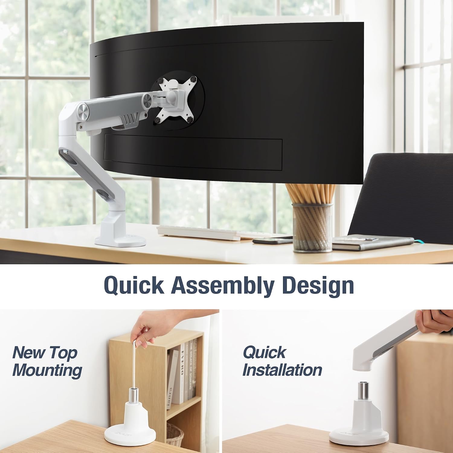AVLT Single 13'-38' Monitor Arm Desk Mount fits One Flat/Curved/Ultrawide Screen Full Motion Height Swivel Tilt Rotation Adjustable Arm - VESA/C-Clamp/Cable Management - White