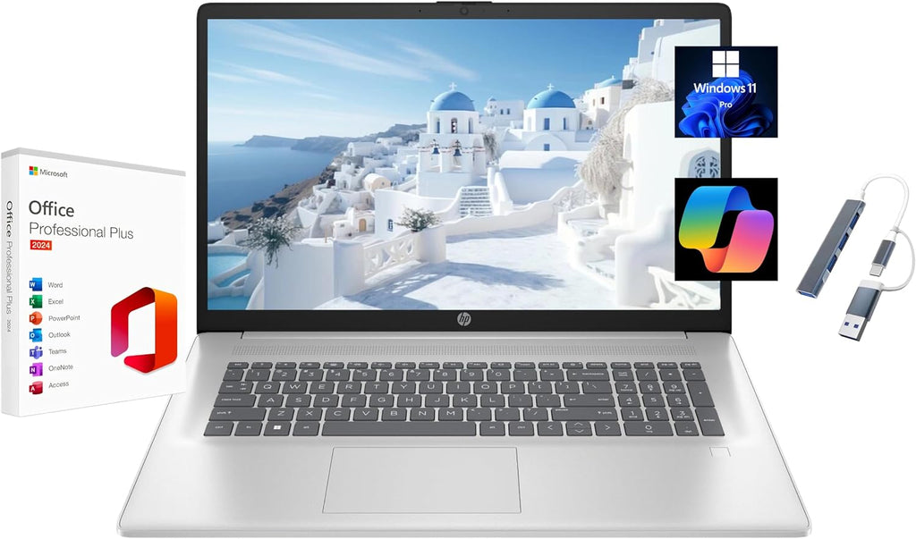 HP 17.3' HD+ Laptop, with Free Lifetime Microsoft Office 2024, Intel Core i5-1334U, 8GB RAM, 256GB SSD, Intel Iris Xe Graphics, Windows 11 Pro, Natural Silver, with USB Hub