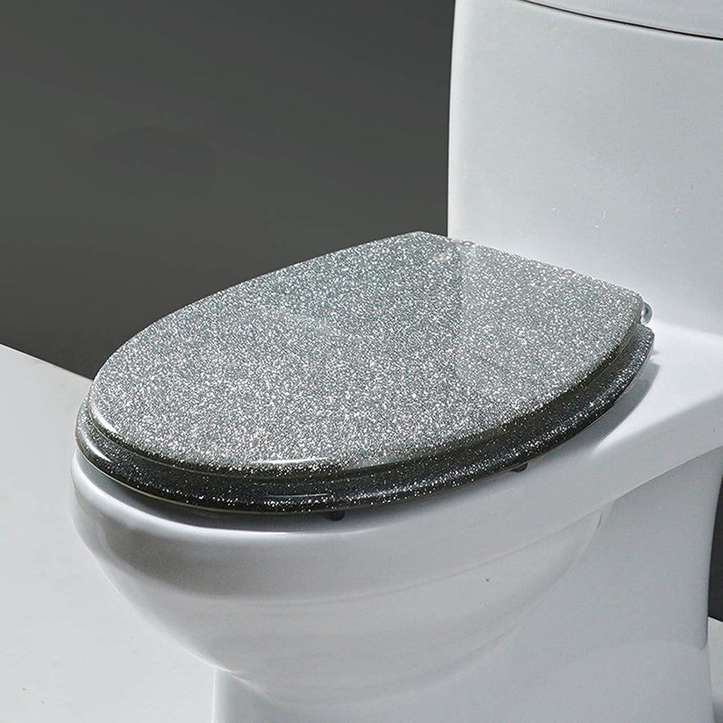 Toilet Seat Resin Glitter Toilet Seat, Sparkle Toilet Seat Cover Round Oval, Easy Installation and Cleaning, Soft Close Toilet Seat(Gold, Silver, Black, Pink),Pink (Color : Silver)