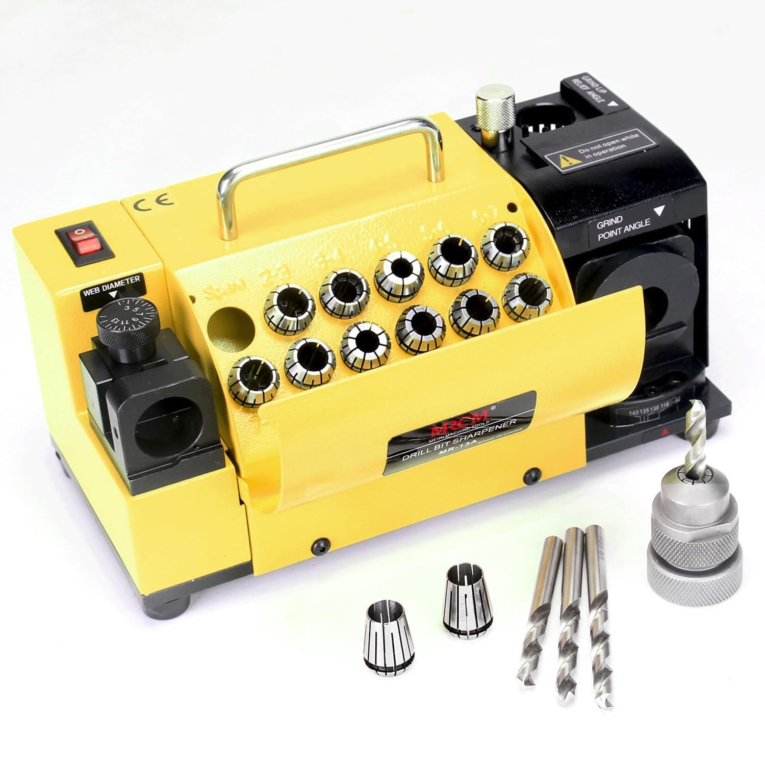 MRCM Drill Bits Sharpener,1/8'-9/16'（3mm -15mm） Drill bit Grinding Machine MR-13A, 95° to 135° Point Angle Re-Sharpener, Portable Bits Sharpening Machine with 13 Collets，All-Metal Housing