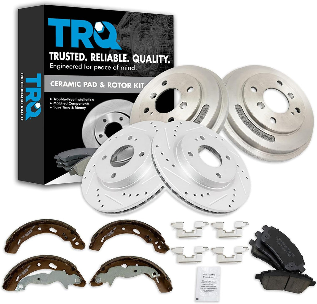 TRQ Performance Front Rear Brake Pad Rotor Shoe Drum Kit Ceramic Slotted Drilled G-Coated 10.16 in for 2011-2016 Ford Fiesta