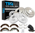 TRQ Performance Front Rear Brake Pad Rotor Shoe Drum Kit Ceramic Slotted Drilled G-Coated 10.16 in for 2011-2016 Ford Fiesta
