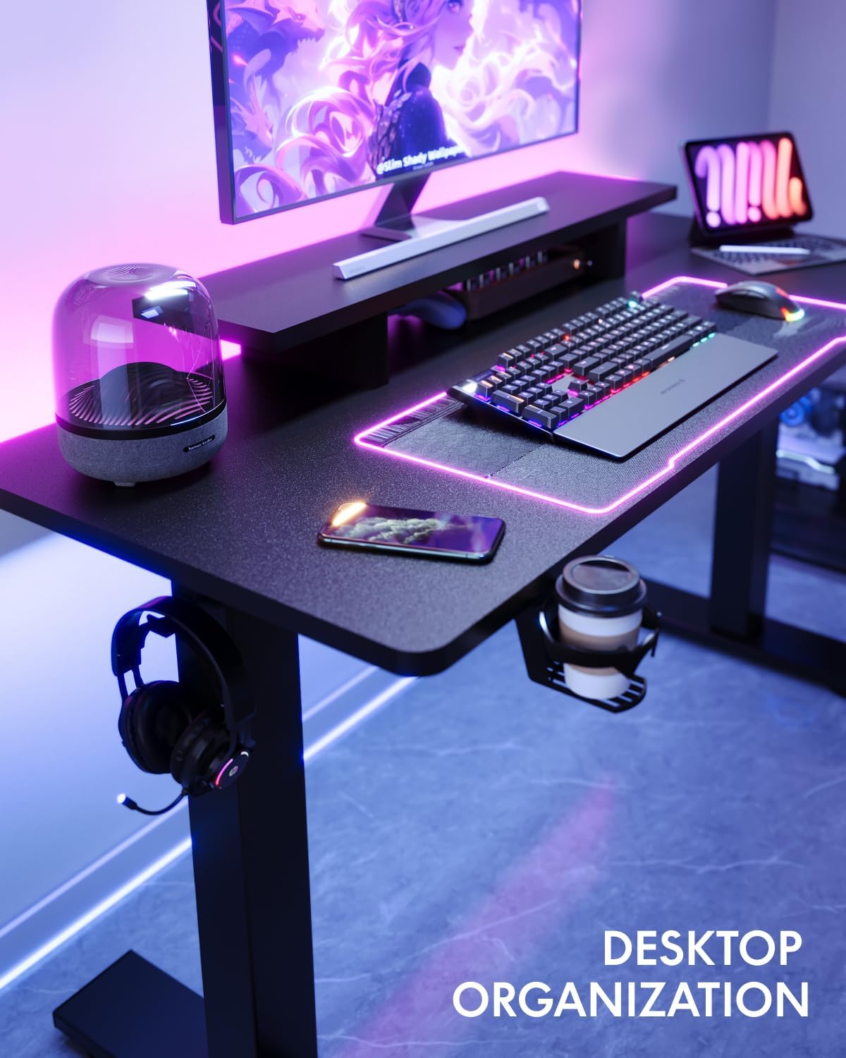 FLEXISPOT Standing Desk with Monitor Stand, 48 x 24 Inches One-Piece Electric Height Adjustable Computer Desk with Cup Holder for Home Office, Black